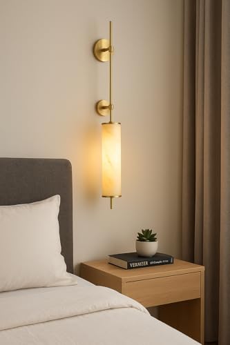 Image of blissbells Modern Brass & Alabaster Wall Sconce Light - Vertical Cylinder Design for Bedroom, Living Room & Hallway Decor (Cylindrical Sconce)