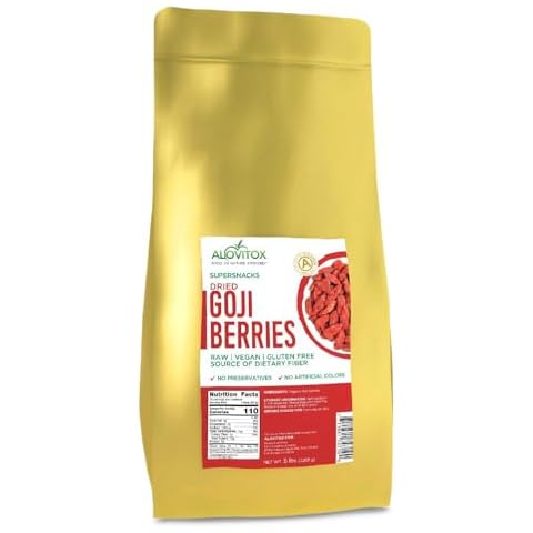 Alovitox Organic Goji Berries 5lbs | Raw, Vegan, Gluten Free Super Snack High in Plant Based Protein, Dietary Fiber, Vitamin A & Iron | Large Berries for Eating, Trail Mixes, Smoothies and Salads Cover