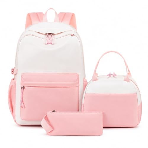 Image of LOIDOU Kids Backpack for Teen Girls Bookbags School Backpack with Lunch Box and Pencil Case 3 in 1 School Bags Set (Pink White)