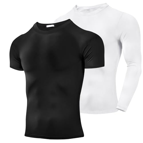 2 Pack Men's Sun Protection Shirts UPF 50+ Rash Guard Quick Dry Swim T-Shirt Long/Short Sleeve for Running Fishing