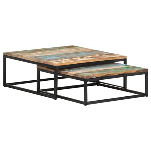 Favemtsl Nesting Coffee Tables Set of 2 Reclaimed Wood Multicolor Industrial Side Tables 26.8x27.6 in Compact for Living Room Apartment Modern Accent Furniture