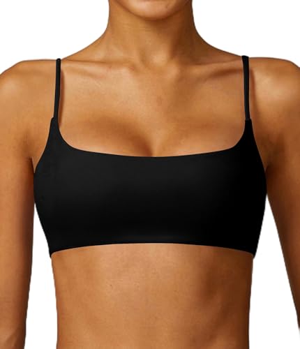 Comper Women's Sports Bra with Thin Straps Stretchy Wirefree Workout Bras Lightweight Workouts Bralette with Removable Pads (Black-M)