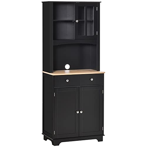 HOMCOM Freestanding 67' Kitchen Buffet with Hutch, Pantry Cabinet with Microwave Stand, Adjustable Shelf, 2 Drawers, Cupboard, Black