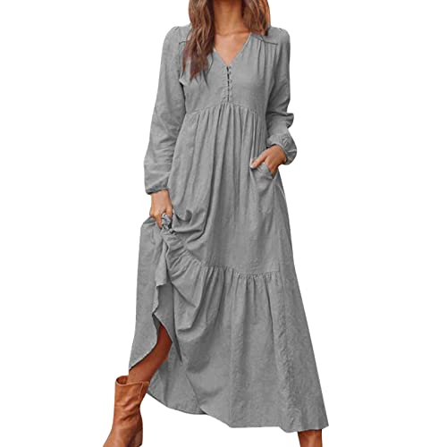 Leinenkleid Damen Langarm- Lange Kleid Damen Herbst Frühling - Maxikleid Damen Vintage mit Taschen V-Ausschnitt Knöpfen Lässig Locker Kleider...