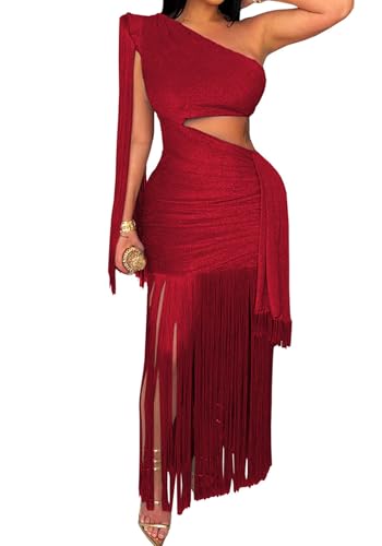 Image of Women's Sexy One Shoulder Fringe Dress Sleeveless Cut Out Bodycon Birthday Party Tassel Maxi Dresses