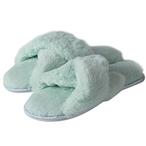 Fuzzy Cross Band Open Toed Slippers for Womens Furry Home Slippers Fluffy Slip on House Shoes Indoor Outdoor Slippers