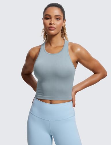 Image of CRZ YOGA Seamless Rib Racerback Crop Tank | Light Support, Removable Pads, Yoga, Ribbed, Racerback, Longline Sports Bras for Women