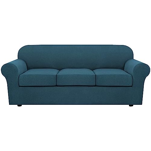 H.VERSAILTEX 4 Piece Stretch Sofa Covers for 3 Cushion Couch Covers for Living Room Furniture Slipcovers (Base Cover Plus 3 Seat Cushion Covers) Upgraded Thicker Jacquard Fabric (Sofa, Deep Teal)
