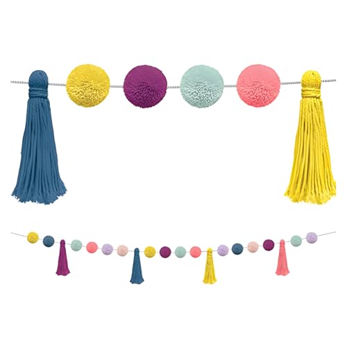 Pom Pom Garland for Classroom Boho, 74.8 Inch 16 Felt Ball Bulletin Board Garland, Colorful Yarn Tassel Banner Garland, Hanging String Decorations for Party Desk Nursery Wall Decor (Blue & Yellow)