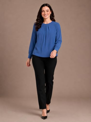 Image of Mirana Women's Full Sleeve Solid Top | Round Neck Pleated Front Regular Fit Office Casual Blouse with Button Cuffs