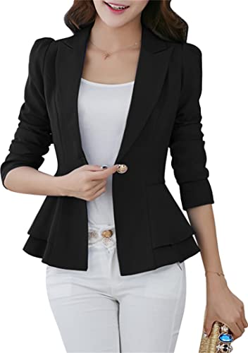 EFOFEI Mädchen Einfarbige Büro Cardigan Offene Front Arbeit Loose Blazer Revers Casual Anzug Laterne Ärmel Anzug Schwarz XXS