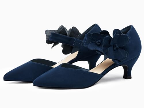 Image of Coutgo Womens Low Kitten Heels Dressy Shoes Comfortable Closed Toe Flower Slip on Formal Party Dance Heeled Pumps