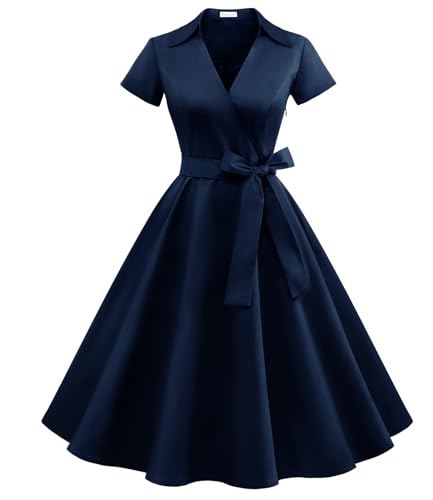 Timormode Vestido Vintage Mujer Vestido Rockabilly con Escote en V Manga Corta y Cinturón Desmontable para Bodas & Fiestas & Casual TM10084Navy S