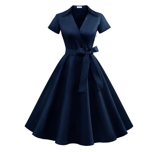 Timormode Vestido Vintage Mujer Vestido Rockabilly con Escote en V Manga Corta y Cinturón Desmontable para Bodas & Fiestas & Casual TM10084Navy S