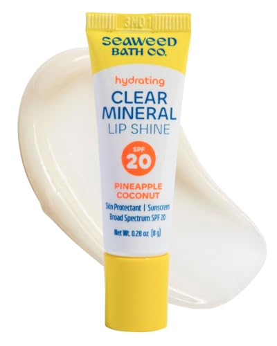Seaweed Bath Co. Hydrating Clear Mineral Lip Shine - SPF 20 Sunscreen Zinc Oxide Lip Balm - Nourishing Care to Hydrate & Protect Dry Chapped Lips - Natural Pineapple Coconut Flavor- 0.28 oz