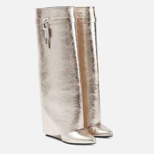 Image of Arqa Knee High Boots Womens Wedge High Heels Shark Boots Fold Over Pull-on Pointed Toe Tall Fashion Boots for Women
