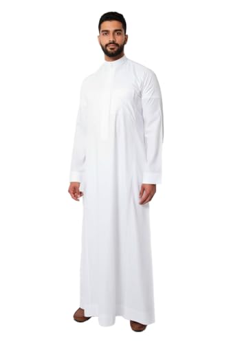 RAHMA Mens Traditional Saudi Style Thobe, Kandora, Jubba, Hand Stitched with Premium Fabric, Stiff Band Collar with open front placket, 1 Front Pocket (WHITE, L)