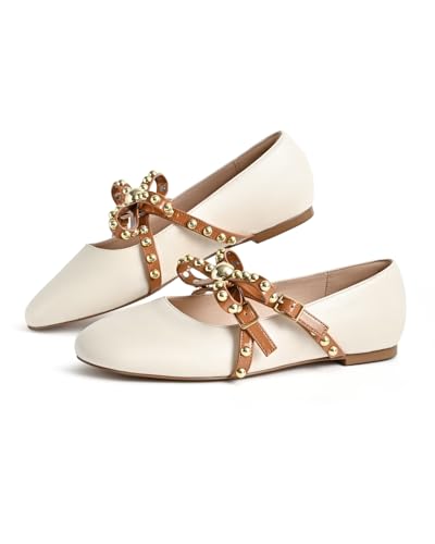Women's Mary Jane Flats Round Toe Ballet Flats Shoes Pearl Embellished Bow Loafer Flats Slip On Comfortable Stud Strap Soft Dressy Flats Shoes4