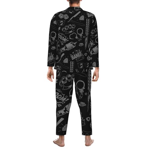 Black And Grey Barbershop Icon Mens Pajamas Set Button Down Sleepwear Set Long Sleeve Loungewear With Pockets2