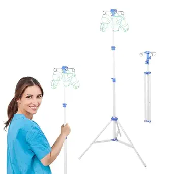Foldable IV Pole Portable, Collapsible IV Pole Stand, Tripod IV Pole Stand Adjustable, 4 Hooks 3 Legs for Nursing Clinic Home Care Travel, Stable, WHITE1