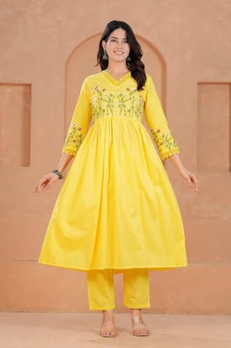 Image of KANCHAN TRADERS Women's Cotton Round Neck 3 /4 Sleeve Chikankari Embroidered Printed Kurta Palazzo with Dupatta Set