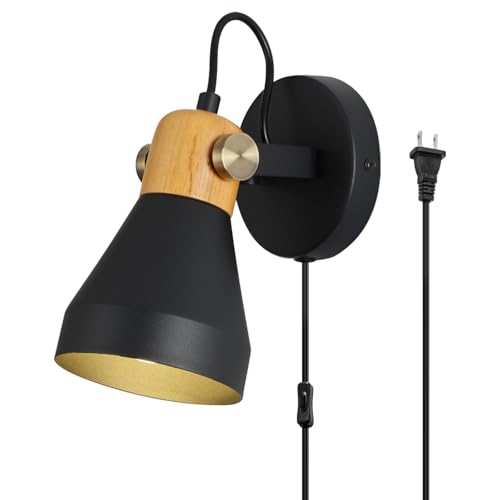 Image of Modern Plug-in Wall Sconces, Matte Black | Adjustable Reading Light, Real Wood Accent, For Bedroom, Living Room, Apartment, Home Office