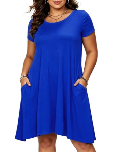 Image of Afibi Womens Short Sleeve Loose Pockets Dress Casual Swing T-Shirt Dresses