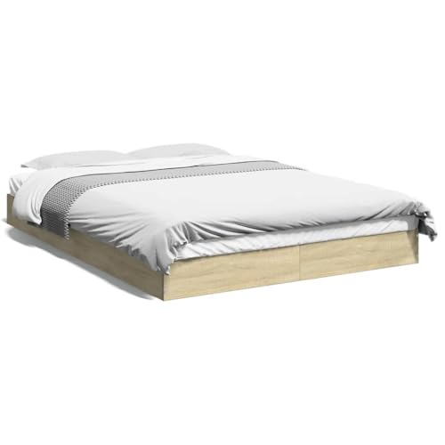 IKAYAA Cama 140 x 200 cm Madera, Base Tapizada, Cama Doble, Base para Polchón, Cama Somier de Listones de Madera, Cama Juvenil, Roble Sonoma