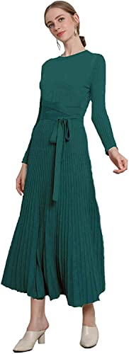 Image of Women's Long Sleeve Sweater Dress Ankle Length Fall Dress Vneck Knit Winter Dress