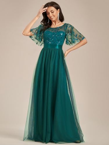 Image of Ever-Pretty Sequin Formal Prom Dresses for Women Ruffle Sleeves Empire Waist A-Line Long Mother of Bride Dress 00904