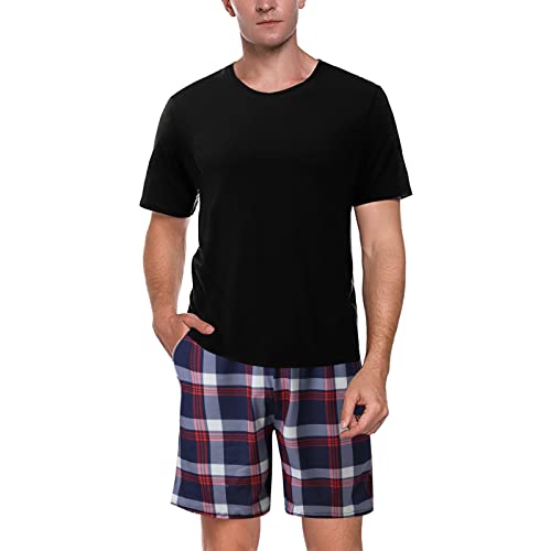 Mens Pajama Set Short Sleeve Solid T-Shirts and Cotton Plaid Shorts Outfit Summer Casual Soft Pajamas Set Pjs Loungewear