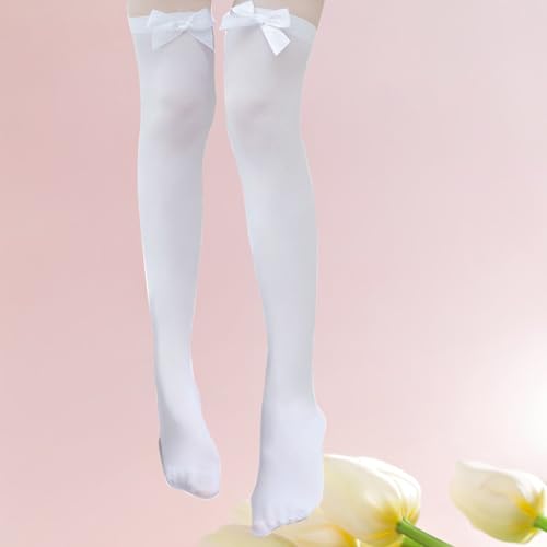 2 Pcs White Thigh High Bows Stockings for Women Over the Knee Socks Sexy Lolita Opaque Velvet Stocking