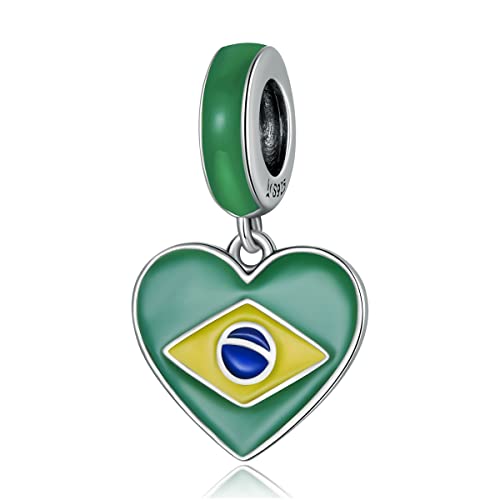 Heart Shaped Brazilian Flag Charm 925 Sterling Silver Charm Fits For Pandora Bracelet, European Charms Bracelet, Women Gift