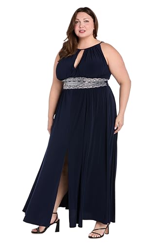 Image of R&M Richards Women's Halter Neck Dress W /Embellished Waistband & Front Slit - Elegant Evening Occasion Maxi Gown