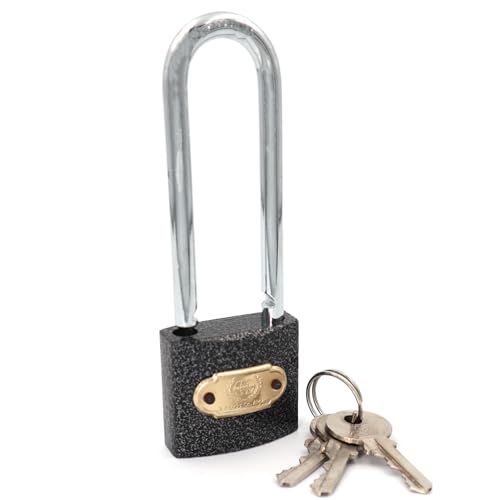 Image of Harrison C I-LS-0323 Cast Iron Body and Mild Steel Long Shackle 3 pin with 3 Key Padlock for Traveling Box, Door, Shutter, Gates, Iron Grills, (Grey, Painted Finish)