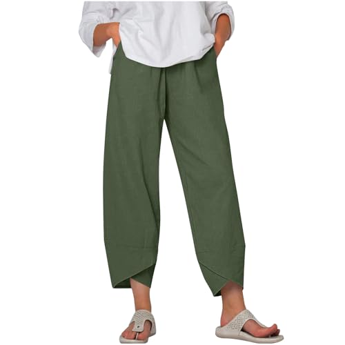 Women's Summer High Waisted Baggy Pants Wide Leg Linen Pants Casual Ankle Length Trouser Slacks Hem Cropped with Pockets 2025