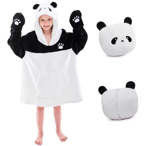 IFNOW Wearable Blanket Hoodie Kids Oversized Fleece Blanket Sweatshirt Christmas Birthday Gifts for Boys Girls Teen Hoodie with Portable Foldable Blanket Pillow Animal Embroidery 5-15 Years Panda
