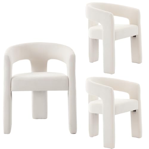Image of HNY Modern Barrel Kitchen & Dining Room Chairs Set of 3, Chenille Upholstered Accent Chairs with Arm, 18.5'' Wide Side Armchairs Vanity Chairs for Living Room Bedroom Makeup Small Spaces, White