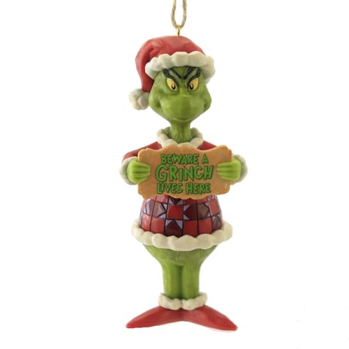 Enesco Jim Shore Dr. Seuss Beware a Grinch Lives Here Hanging Ornament, 5 Inch, Multicolor