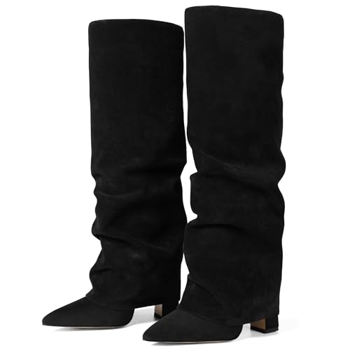Black Thigh High Boots for Women Chunky Heel Knee High Fold Over Pointed Toe Shark Boots Long Suede Fashion Slouchy Leather Boot Size 7.5