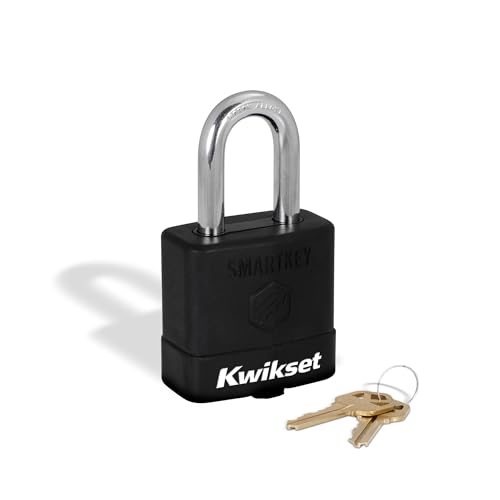 Kwikset SmartKey Re-Keyable Laminated Steel Padlock with Boron Carbide Shackle, with Weather Cover, Outdoor Gate and Storage Lock, 2 in Body, 1-1/2 in Shackle, 1 Pack, Silver