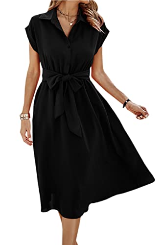 ECOWISH Womens Casual Midi Dresses Solid V Neck Short Sleeve Button Shirt Belted Dress with Pockets for Spring Summer 2025