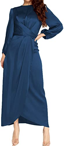 PINUPART Women's Elegant Empire Waist Long Sleeve Satin Maxi Dress S Navy