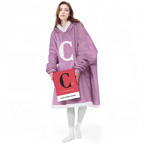 Wearable Blanket Hoodie with Letter A-Z - Oversized Sweater Blanket Hooded Monogrammed Personalized Gifts for Women Girlfriend Sister Purple Initial C