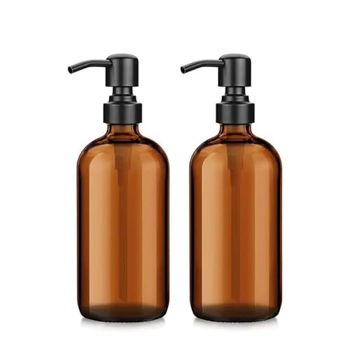 Dispensador de líquidos con Bomba en Cocina y baño Cabezal de Bomba de Acero Inoxidable, 500 ml, Botella de loción de Vidrio marrón, dispensador de jabón, Paquete de Dos dispensador de jabón