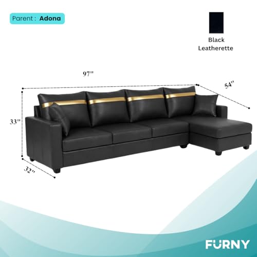 Image of FURNY Arossa 5 Seater Leatherette RHS L Shape Sofa Set (Black) Premium Finish | Durable with Comfort | Ideal for Living Room