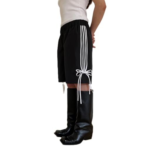 Owegvia Pantalones cortos deportivos Y2K con pajarita para mujer, bonitos pantalones cortos deportivos de pierna ancha para vacaciones de verano, descanso y calle, pantalones cortos negros, Negro, S