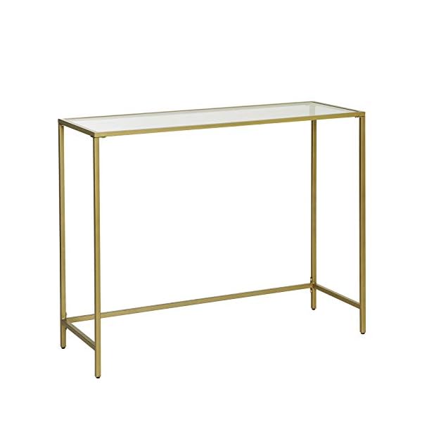 VASAGLE Console Table, Tempered Glass Table, Modern Sofa or Entryway Table, Metal Frame, Sturdy, Adjustable Feet, for Living Room, Hallway, Golden LGT26G