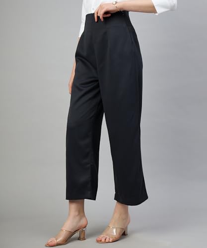 Image of Women's Straight Fit High Rise Pleated Parallel Cropped Length Solid Cotton Blend Trousers with Side Chain