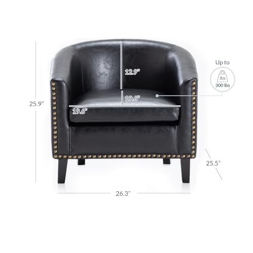 Image of BELLEZE Accent Barrel Chair Set of 2, Modern Faux Leather Tub Club Chair Upholstered Armchair with Gold Nail Head Trim and Black Legs for Living Room Bedroom Apartment Lounge - Black